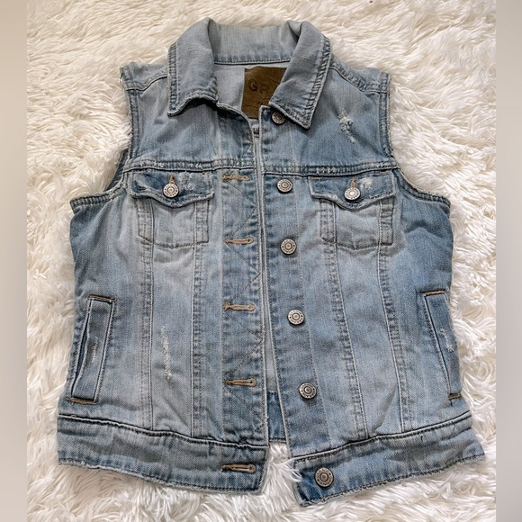 GARAGE Denim Vest - Jean - Light Blue - Button Up - Pockets - Distressed -  XS - Picture 1 of 9